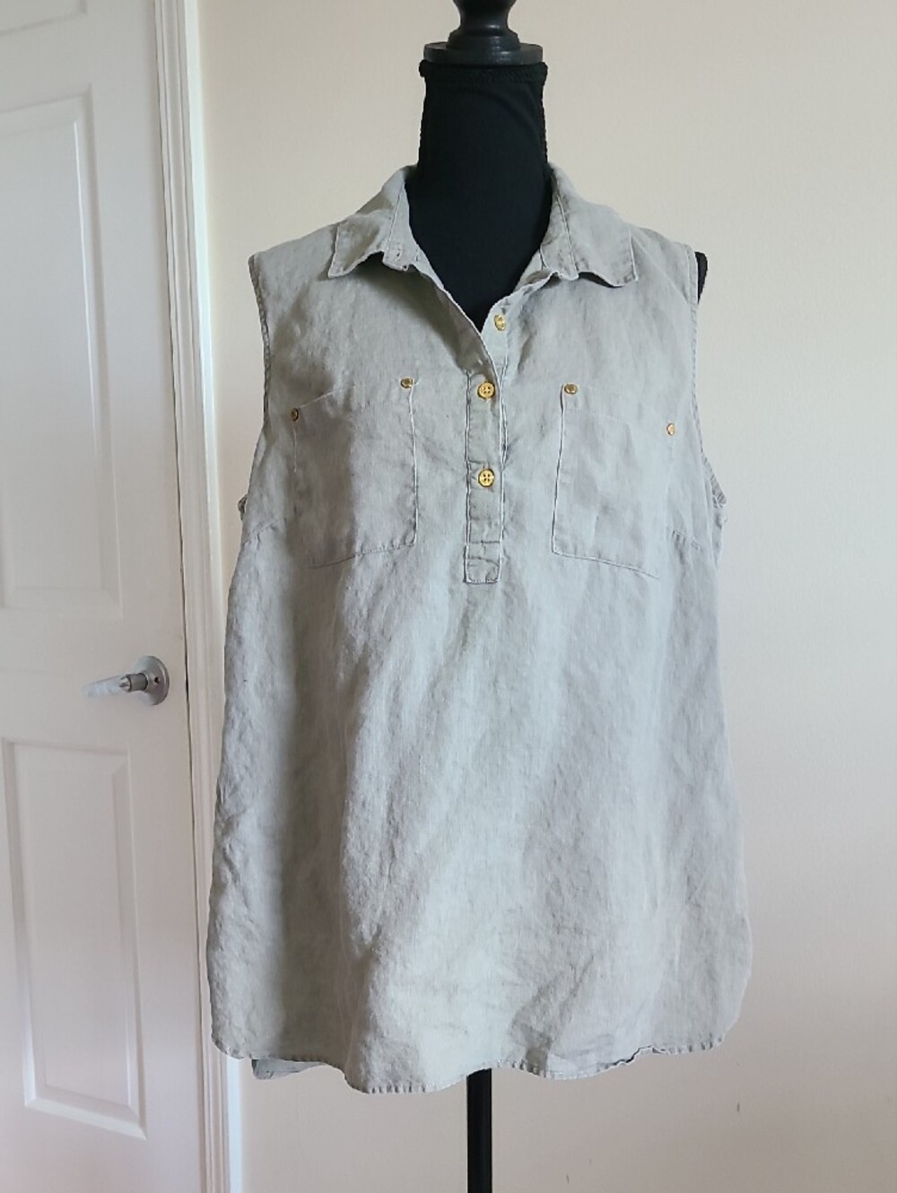 Ellen Tracy 100% Linen Tunic Top 1X Sage Green Sleeveless Relaxed Coastal